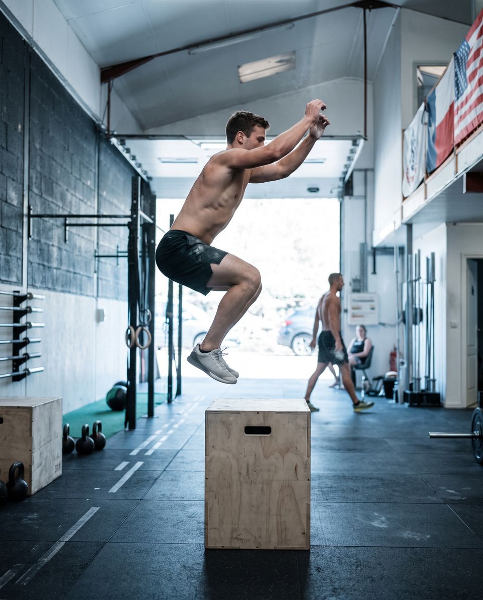 Un athlète en plein box jump au-dessus d'une caisse en bois dans la box THE CAMP