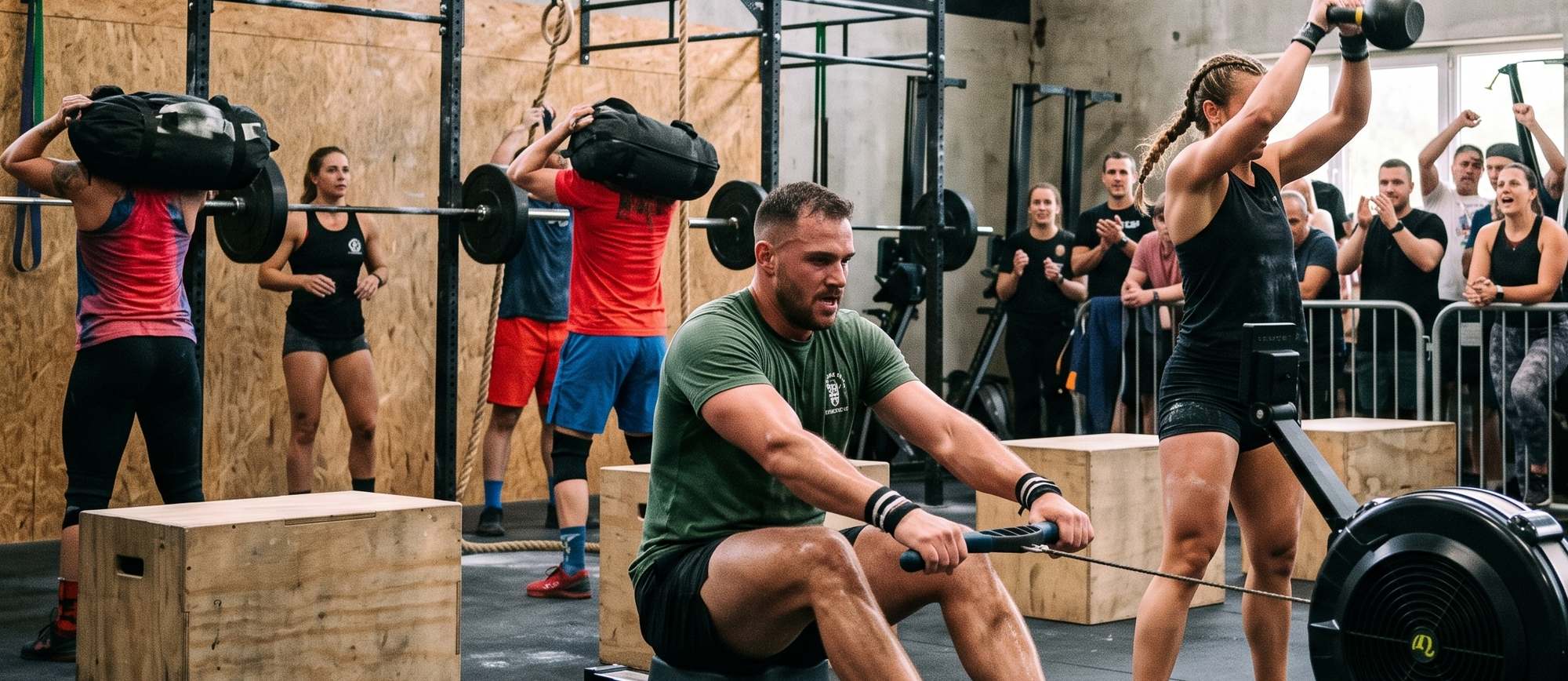 Journée de compétition à la box : athlètes au rameur et au lancer de medecine-ball, public qui encourage derrière les barrières