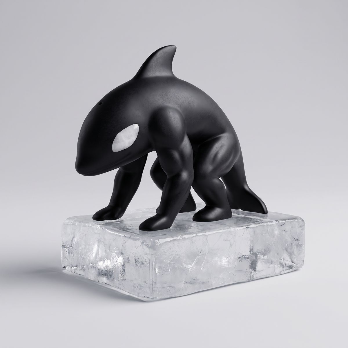 Sculpture d'orque noire accroupie posée sur un bloc de glace, reprenant le totem du logo THE CAMP